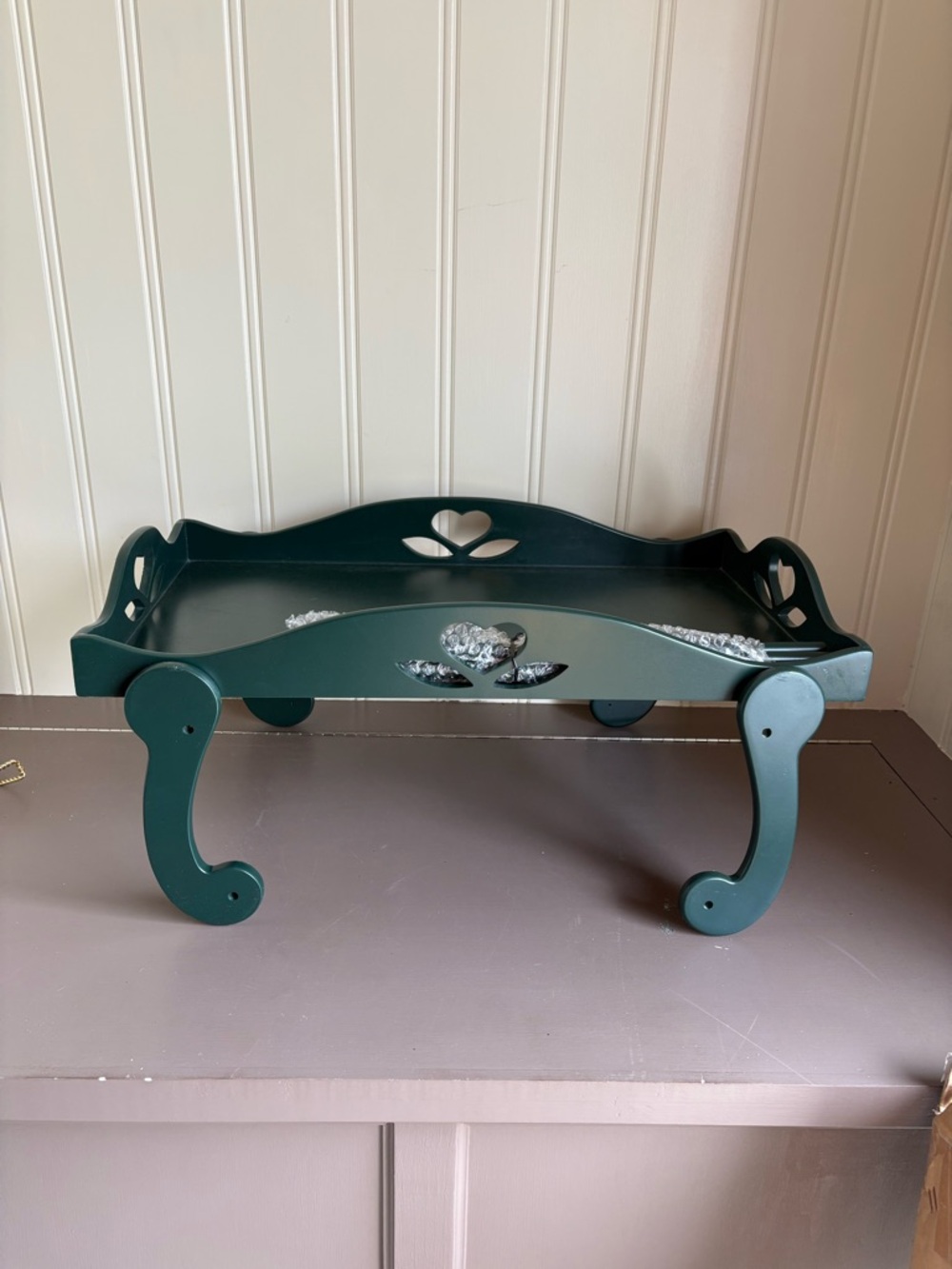 Dark Green Decorative Bed Serving Vanity Tray with Heart Cutouts